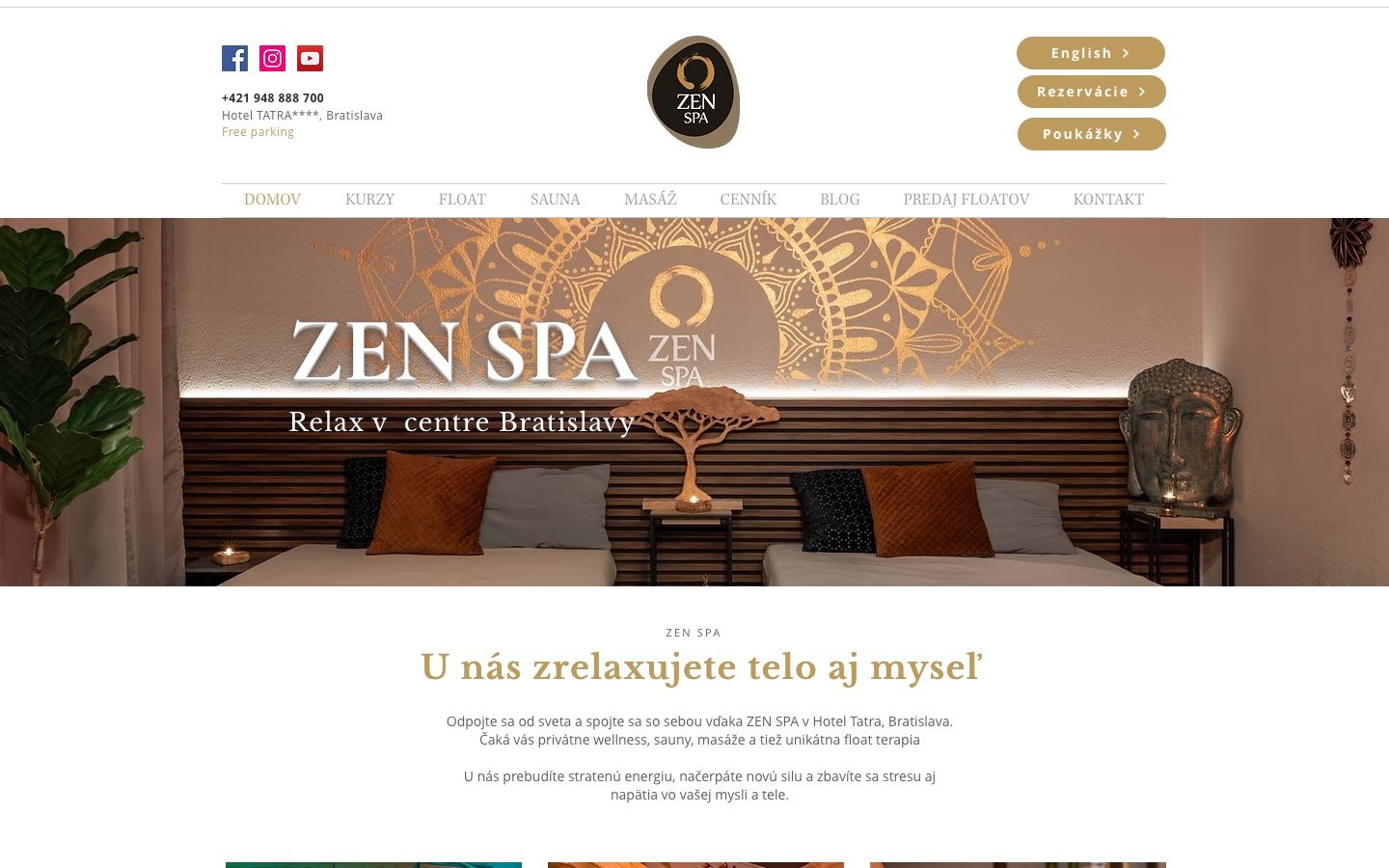 Original Wix homepage of zenspa.sk. Gold-on-dark hero, dense top navigation, social icons crowding the header.