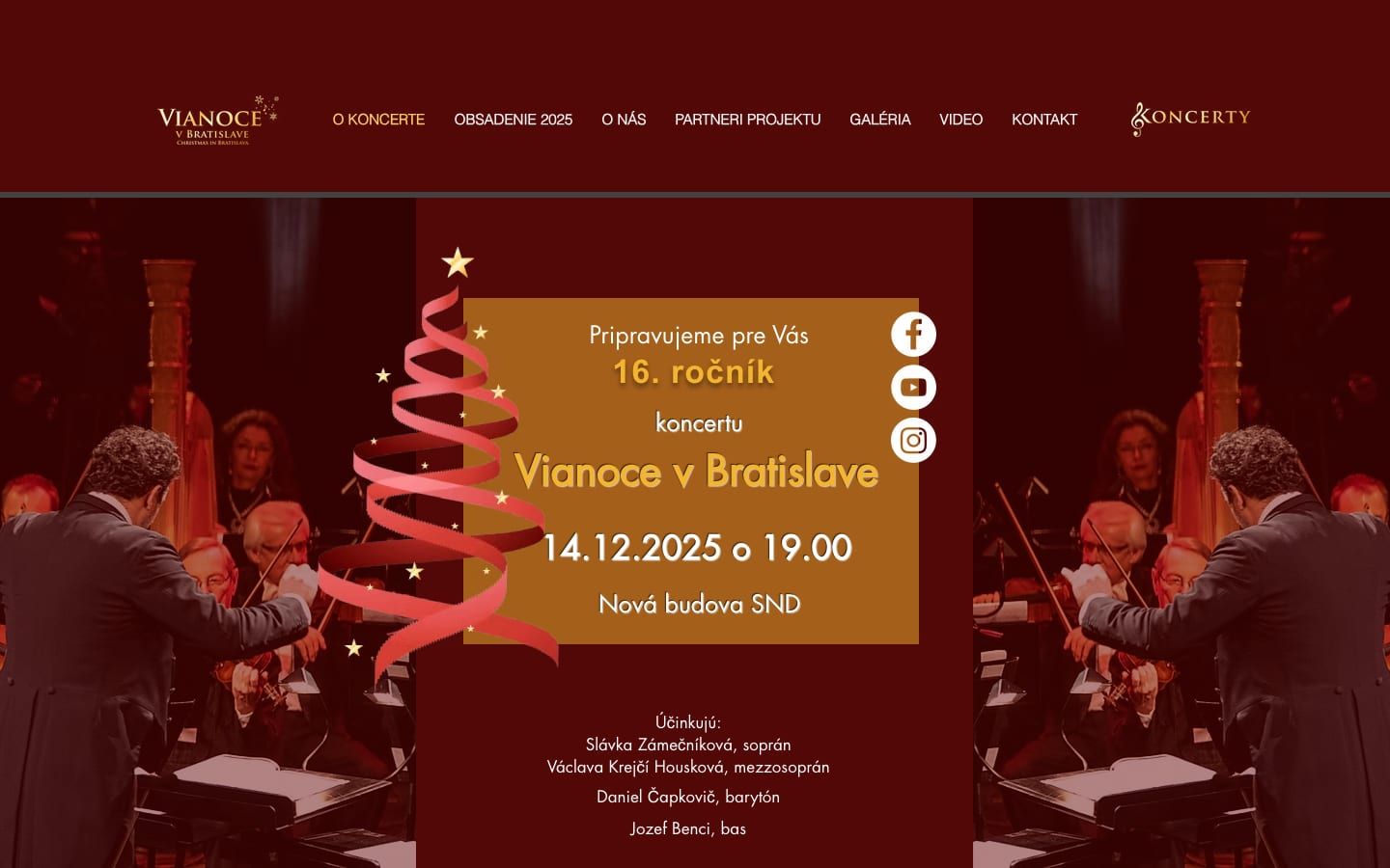 Original Wix homepage of Vianoce v Bratislave. Dark red background, large static poster, social icons, and dense mobile layout.
