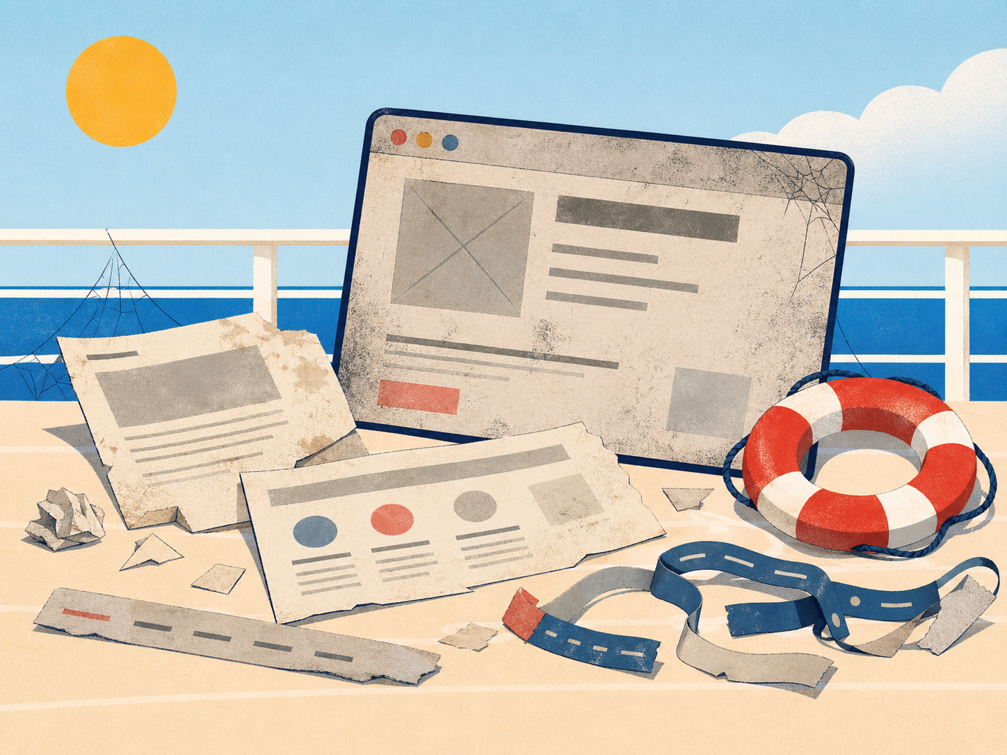 A tired old website shown as dusty paper and browser scraps on a sunny ship deck.