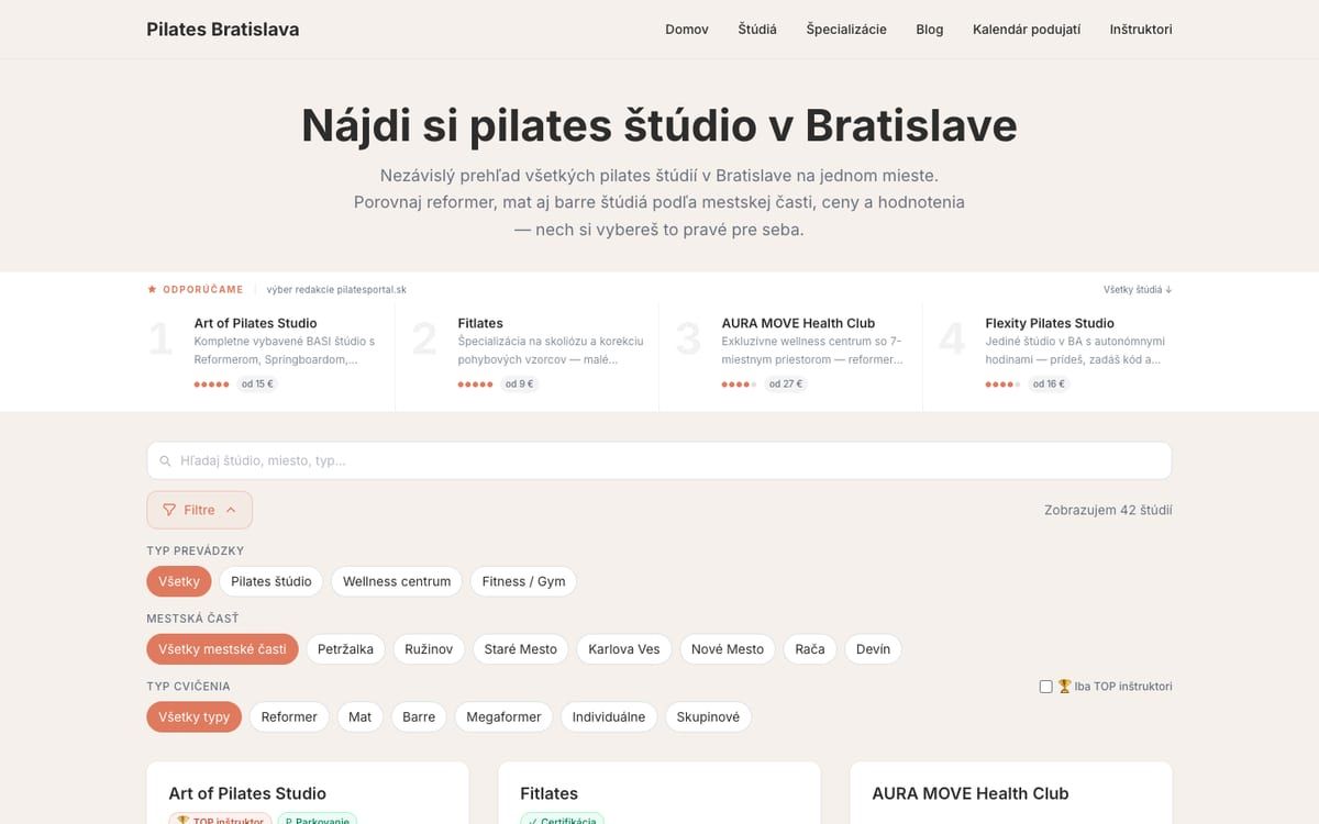 Screenshot of the Pilates Portal website.