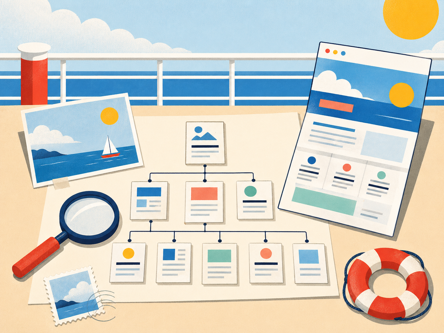 Mapa obsahu rozložená ako cestovateľská pohľadnica s kartami stránok, lupou a čistou webovou stránkou.