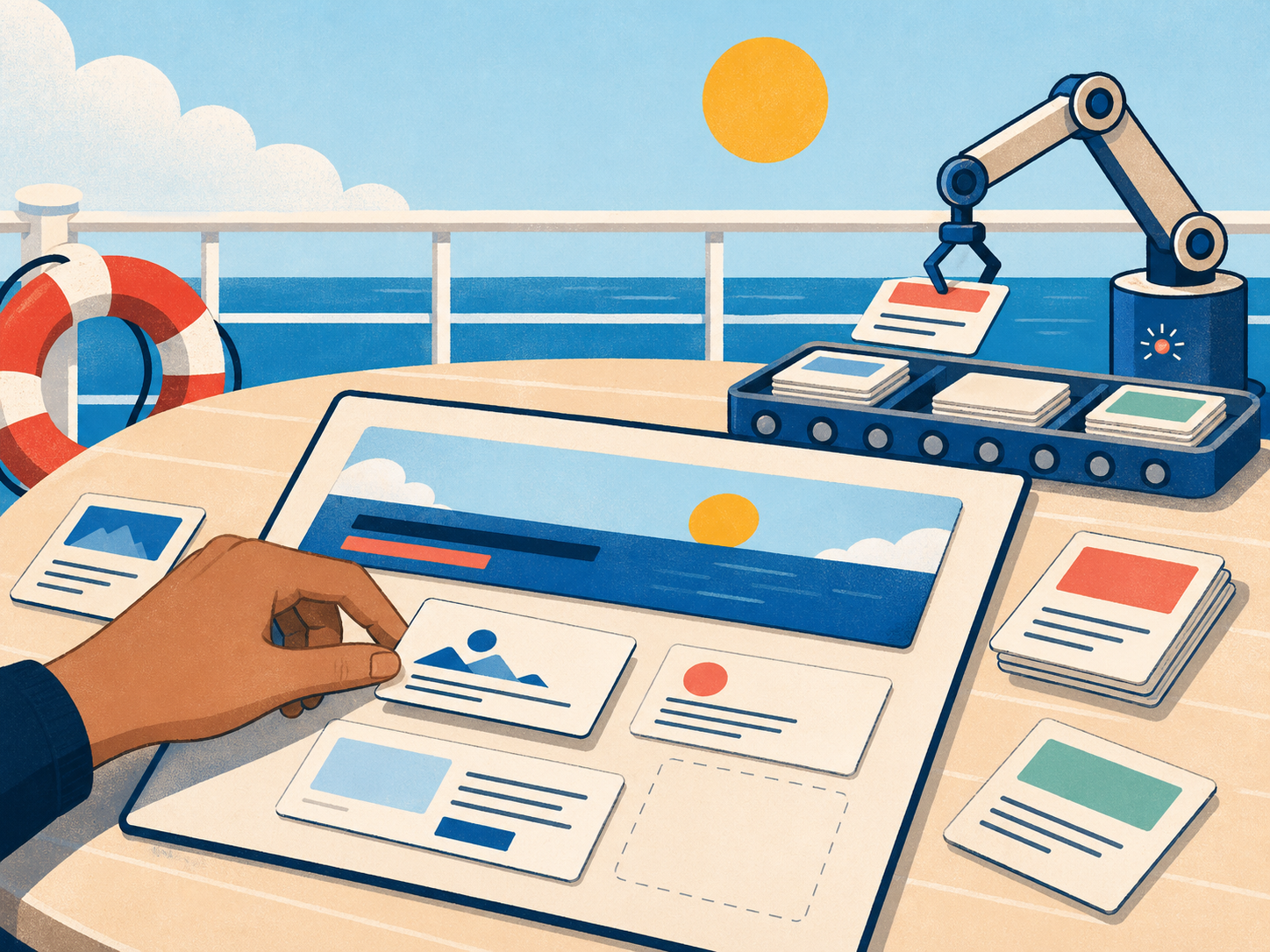 Ľudská ruka ukladá karty webového obsahu, zatiaľ čo malý automatizačný nástroj triedi podporné karty.