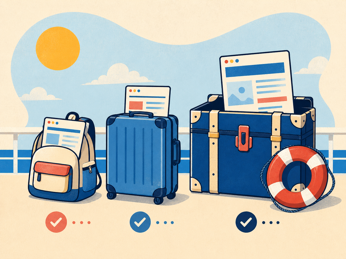 Tri cestovné tašky a kufre s kartami webov, ktoré predstavujú rôzne balíky obnovy.