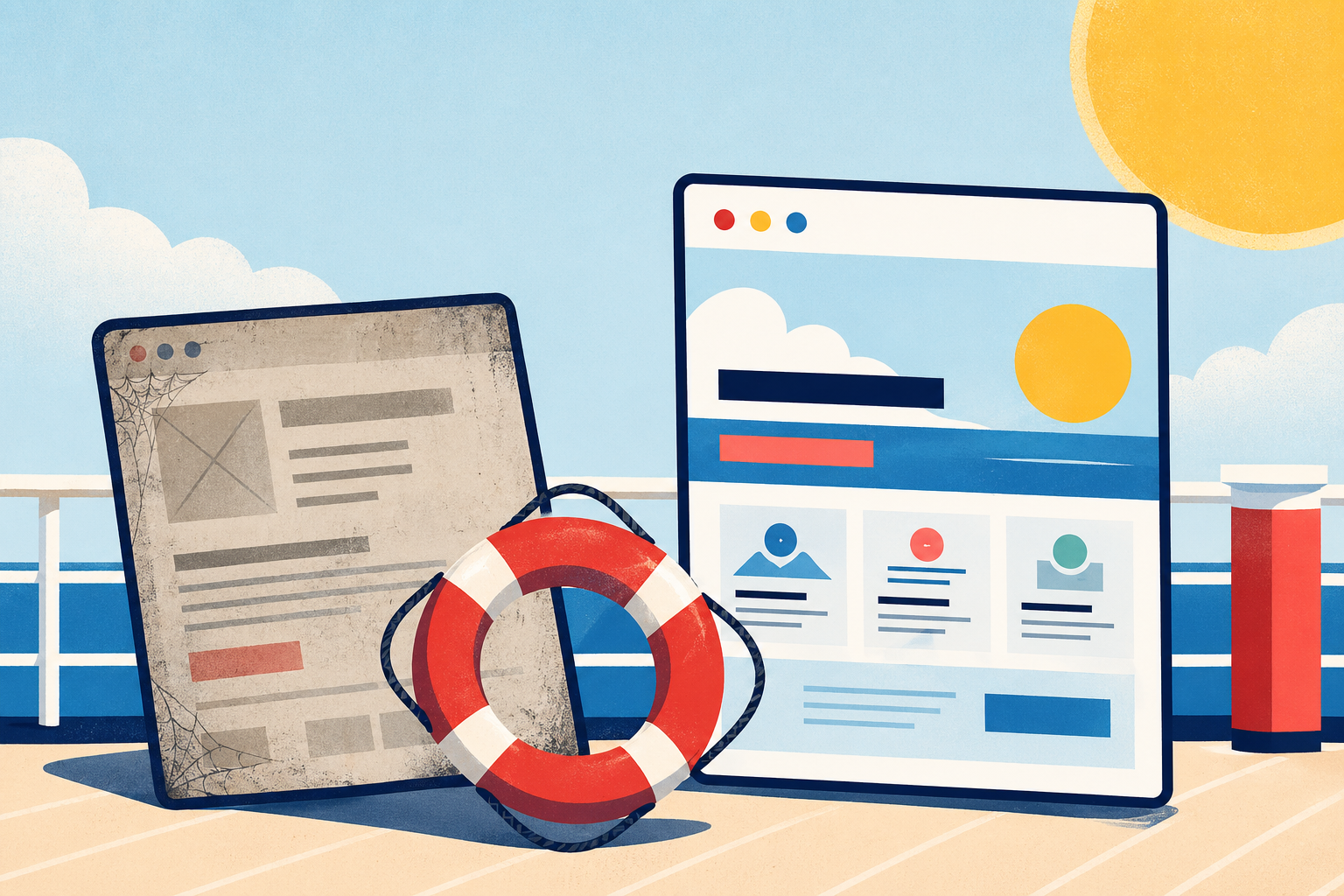 Ilustrácia starej webovej stránky zachránenej červeno-bielym záchranným kolesom vedľa čistého moderného webu.