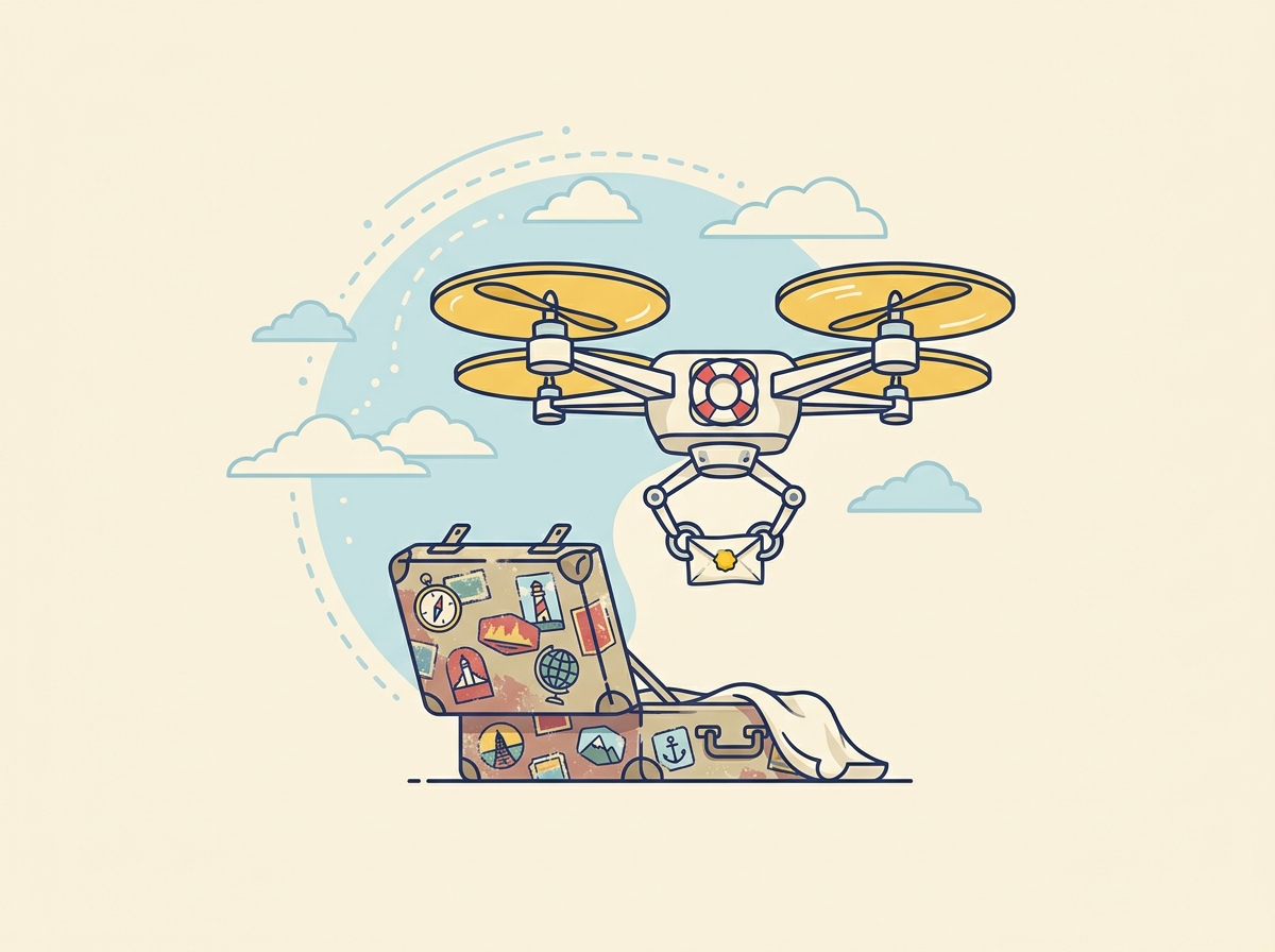 A vintage editorial drone carries a small scroll over an open suitcase covered with postcards, a life ring mounted on the drone.
